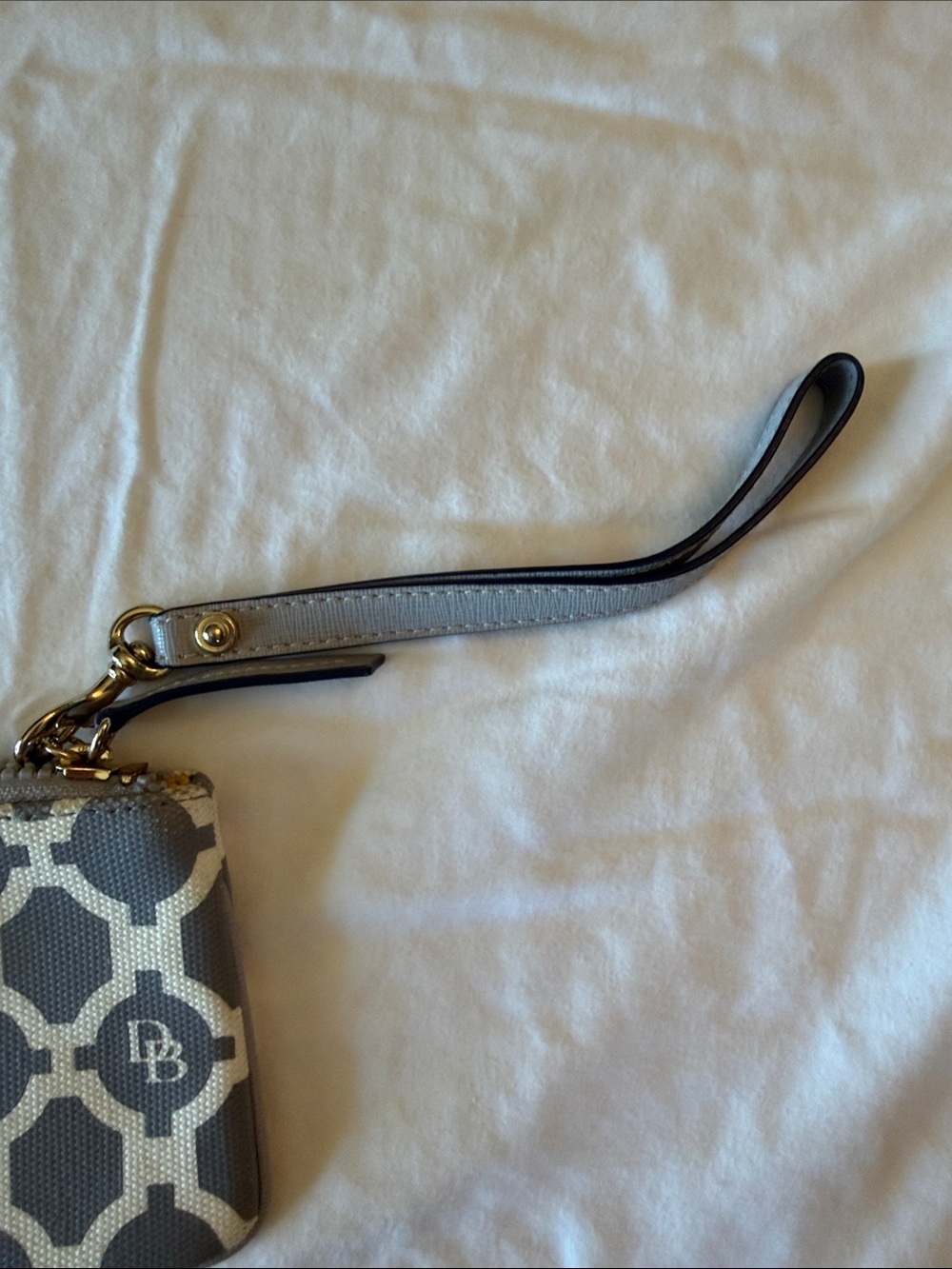 Dooney & Bourke Gray and Cream Logo Wristlet Key Pouch with Gold Hardware - Picture 2 of 12